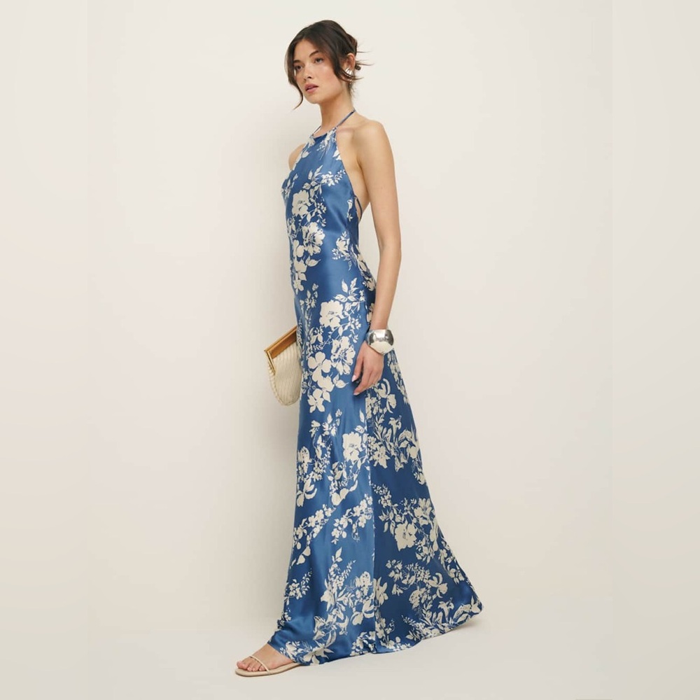 Reformation Jeany Silk Dress Blue Floral Cyanotype